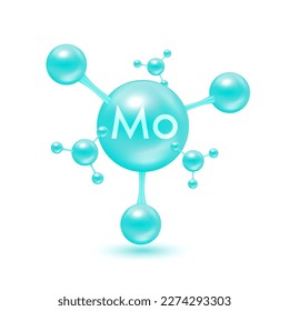 Molybdenum mineral in the form of atoms molecules blue glossy. Molybdenum icon 3D isolated on white background. Minerals vitamin complex. Medical and science concept. Vector EPS10 illustration.