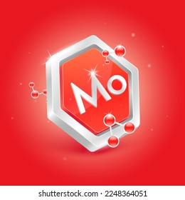 Molybdenum minerals in pentagon red shape with chemical atom molecule orbit around. 3D Logo label nutrition silver. Used for products food and medicine design. Science concepts. Isolated Vector.
