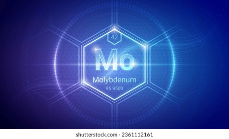 Molybdenum (Mo) (042) Transition Metal - Fundamental Element Futuristic Neon Light Glow Hexagon Block Grid Background Design - Periodic Table, Chemical Symbol, Name, Atomic Mass, Atomic Number