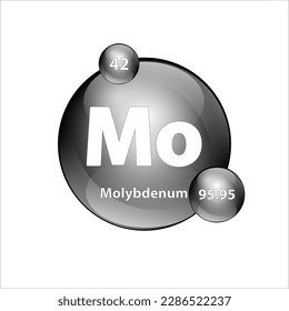 Molybdenum (Mo) chemical element Icon structure round shape circle grey, silver, black easily. Periodic table Sign with atomic number. Study in science for education. 3D Illustration vector.