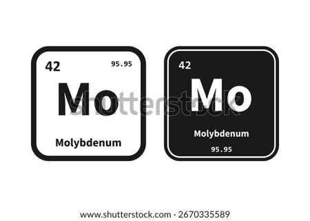 Molybdenum, Mo, chemical periodic table element icon. The chemical element of the periodic table. Icon with molar mass and atomic number for lab, science or chemistry class.