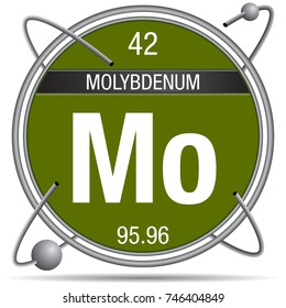Molybdenum symbol inside a metal ring with colored background and spheres orbiting around. Element number 42 of the Periodic Table of the Elements - Chemistry