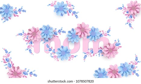 Mom Abstract Festive Background with Flowers Happy Mother's Day Women's Day March 8 Paper cut Floral Greeting Card Trendy Design Template Vector illustration