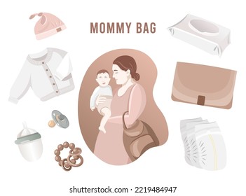 Mom Accessories Set, Young Mother With A Child In Her Arms, Diaper Bag, Daily Woman Backpack, Mommy Nappy Backpack. Baby Changing Mat, Clothes, Bottle, Rattle. Pastel  Flat Vector Illustration.