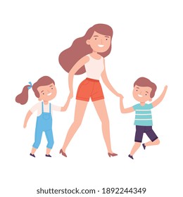 Mom Accompanying her Son and Daughter to the School or Kindergarten, Parent and Kids Walking Together Holding Hands Cartoon Style Vector Illustration