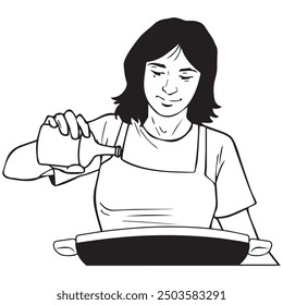 Mamá está añadiendo especias a su cocina. Ilustración en blanco y negro y formato de Vector.