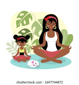 Mom and an African American daughter do yoga  Quarantined at home  Vector flat style illustration