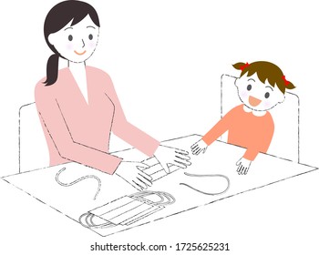 
mom amd girl making hand made masks simple illustration