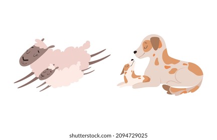 Mom Animal Cuddling with Its Little Cub as Parent Love and Care Vector Set