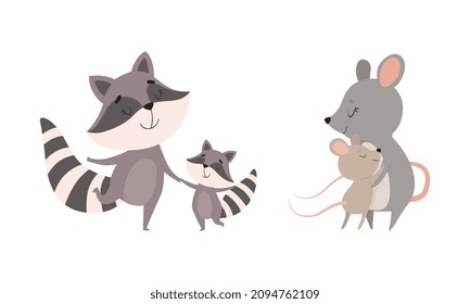 Mom Animal Cuddling with Its Little Cub as Parent Love and Care Vector Set