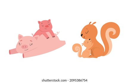 Mom Animal Cuddling with Its Little Cub as Parent Love and Care Vector Set