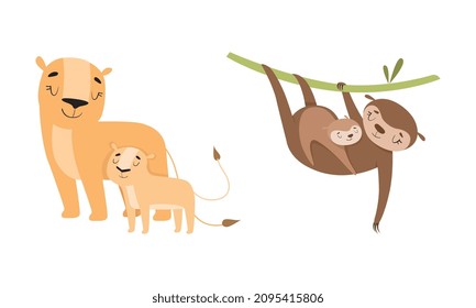 Mom Animal Cuddling with Its Little Cub as Parent Love and Care Vector Set