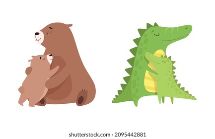 Mom Animal Cuddling with Its Little Cub as Parent Love and Care Vector Set