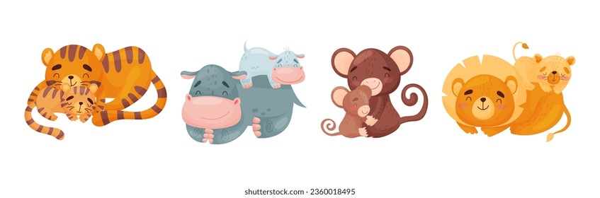 Mom Animal Cuddling with Its Little Cub as Parent Love and Care Vector Set