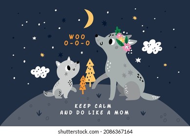 Mom and baby animals card. Cute wolfs family. Mother and cub. Wildlife characters. Parent with son in night forest clearing. Forest mammals howling into dark sky. Vector