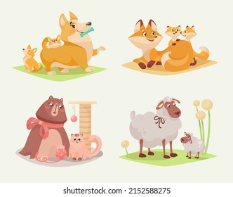 Mom And Baby Animals Cartoon Illustration Set. Cute Little Corgi, Dogs, Cat, Fox And Sheep Playing Games, Having Fun With Parents. Pet, Friendship, Greeting Concept