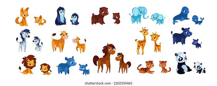 Mom and baby animals cartoon illustration set. Cute fox, zebra, lion, giraffe, elephant, panda, bear, tiger