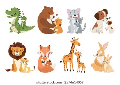 Mom and baby animals collection, mother day, cute animals set vector