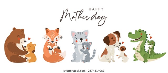 Mom and baby animals collection, mother day, cute animals set vector