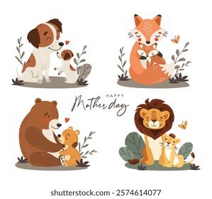 Mom and baby animals collection, mother day, cute animals set vector