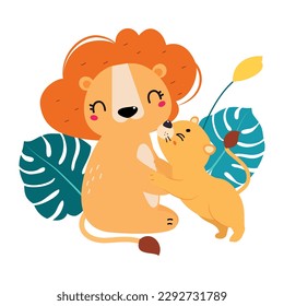 Mom and baby animals. Cute mother lioness hugging her lion cub cartoon vector illustration