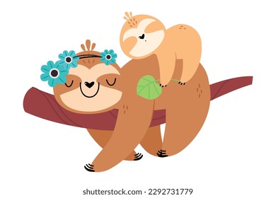 Mom and baby animals. Cute sloth mother with her kid cartoon vector illustration