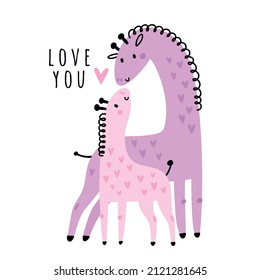 Mom and baby animals. Giraffe print for kids. Apparel childish design. Best mum ever. Mothers day card. Best dad ever