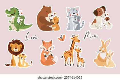 Mom and baby animals stickers, mother day stickers, cute animals