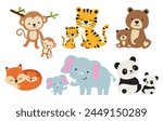 Mom and baby animals vector illustration set. Wild animal babies including monkey, tiger bear, fox, elephant, and panda with their moms.