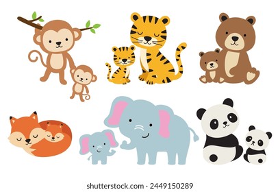 Conjunto de Ilustración vectorial de mamá y bebé animales. Bebés animales salvajes, incluyendo monos, osos tigre, zorros, elefantes y pandas con sus madres.