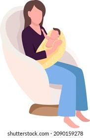 Mom With Baby In Armchair Semi Flat Color Vector Character. Sitting Figure. Full Body Person On White. Motherhood Isolated Modern Cartoon Style Illustration For Graphic Design And Animation