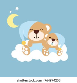 Mom and baby bear cartoon sitting on the cloud .