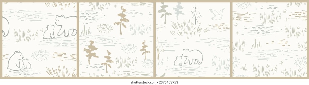 Mom and baby bears cute seamless, pattern. Hand drawn forest family. Mother and kid woodland vector endless ornament. Wild animals t-shirt, childish apparel, nursery wallpaper, bodysuit design.