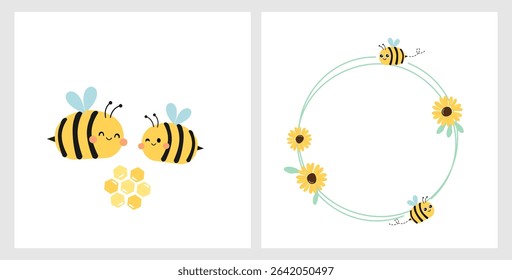 Mom, baby bee cartoons, beehive honey sign and sunflower wreath isolated on white backgrounds vector.
