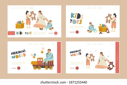 Mom with Baby Boy and Girl Landing Page Template Set. Nurse or Mother Female Character Playing with Kids in Playroom. Children Play with Toys in Kindergarten or Home, Linear People Vector Illustration