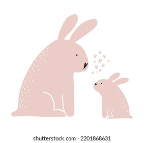 Mom and Baby Bunny. Pink Rabbits on a White Background, Mother Day Card, Cute Nursery vector Illustration with lovely Pink Bunnies ideal for Wall Art, Poster, Greeting. Mommy Bunny with Baby Rabbit.