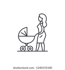 Mom with a baby carriage line icon concept. Mom with a baby carriage vector linear illustration, symbol, sign