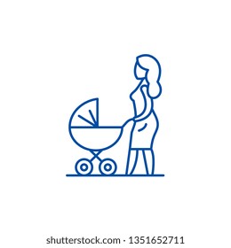 Mom with a baby carriage line icon concept. Mom with a baby carriage flat  vector symbol, sign, outline illustration.