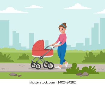 Mom and baby in baby carriage. Young Girl walking in the Park on background of buildings - Vector
