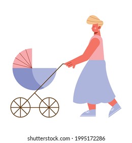 mom with baby cart character