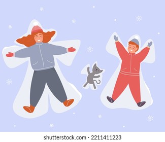 Mom, baby and cat make a snow angel, play winter active games. The mood in the New Year holidays. Vector graphics.