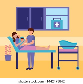 mom with baby in clinic bed father pregnancy and maternity scene flat vector illustration