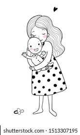 Mom and baby. Cute Cartoon Woman and Baby