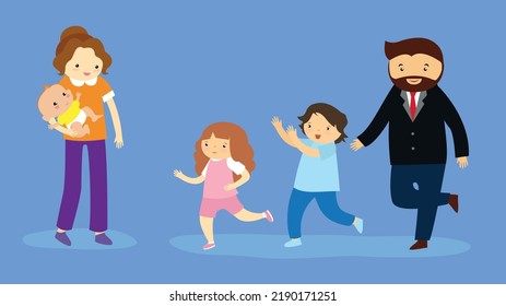 Mom with a baby and dad, son and daughter run to her