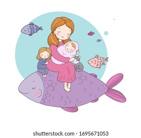 Mom with a baby and daughter and a big magic fish. Woman with a newborn .