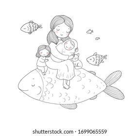 Mom with a baby and daughter and a big magic fish. Woman with a newborn . Coloring page