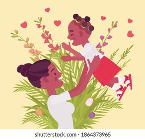 Mom, baby daughter, female health in happy black family. Mother tossing child, emotional bonds, love, motherhood beauty, good relationship. Vector flat style cartoon illustration, floral spring design