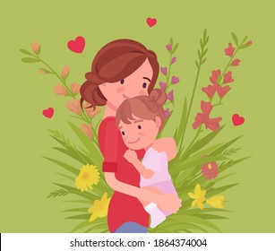 Mom and baby daughter, female health in happy family. Mother hugging child, emotional bonds, love, motherhood beauty in good relationships. Vector flat style cartoon illustration, floral spring design