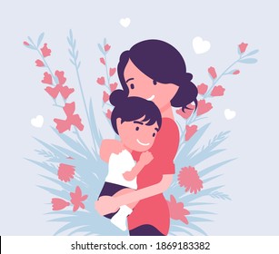 Mom and baby daughter, female health in happy family. Mother hugging child, emotional bonds, love, motherhood beauty in good relationships. Vector creative stylized illustration, floral spring design