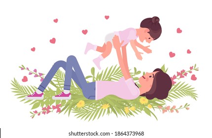 Mom and baby daughter, mother throwing, tossing child. Happy motherhood, female health, parent playing with her small kid. Vector flat style cartoon illustration, floral summer and spring background